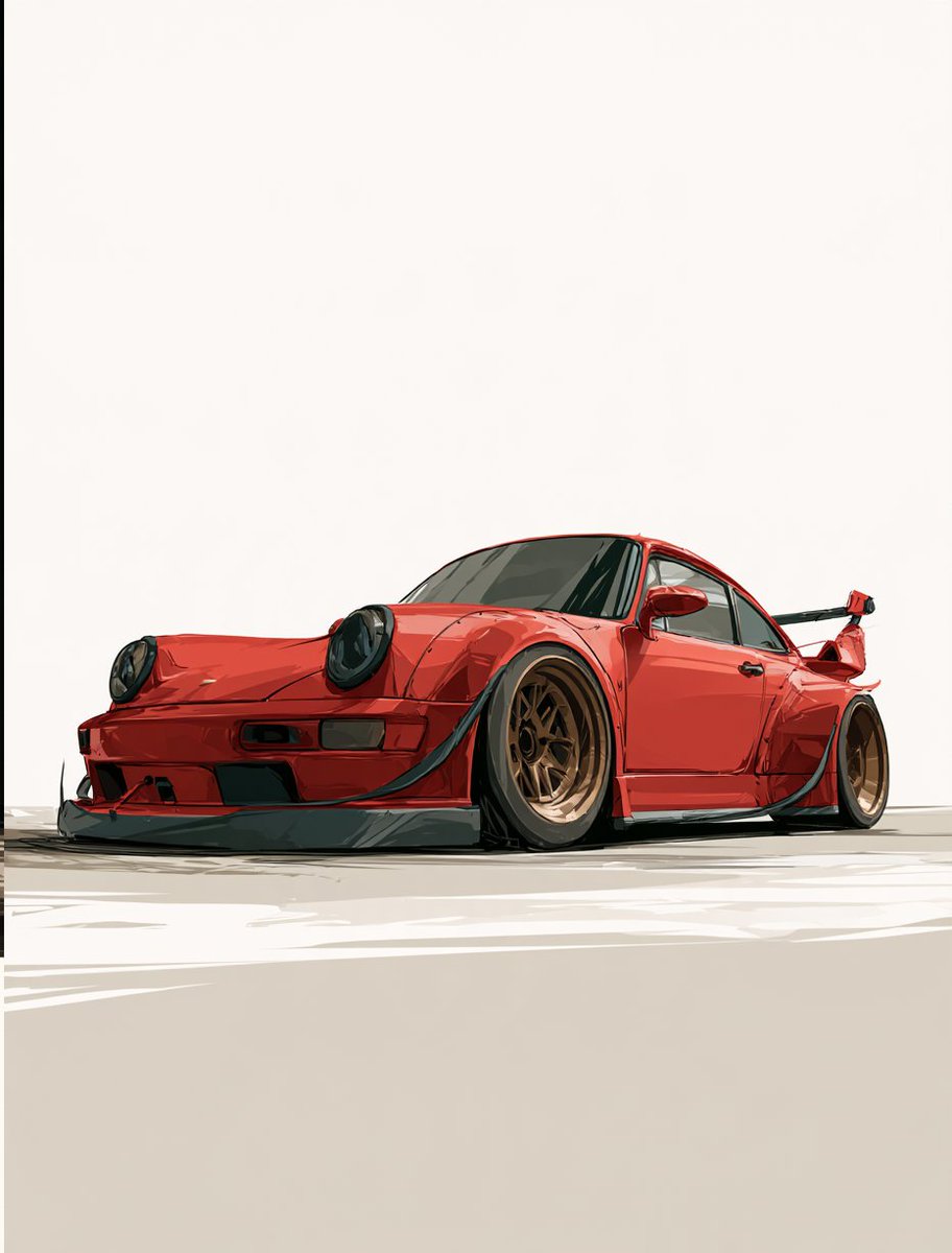 保时捷： 一辆改装宽体的保时捷 911 跑车，采用哑光卫士红（Guards Red）。3/4 角度视角，完整车身可见。雕塑感的水滴形轮廓，带有螺...