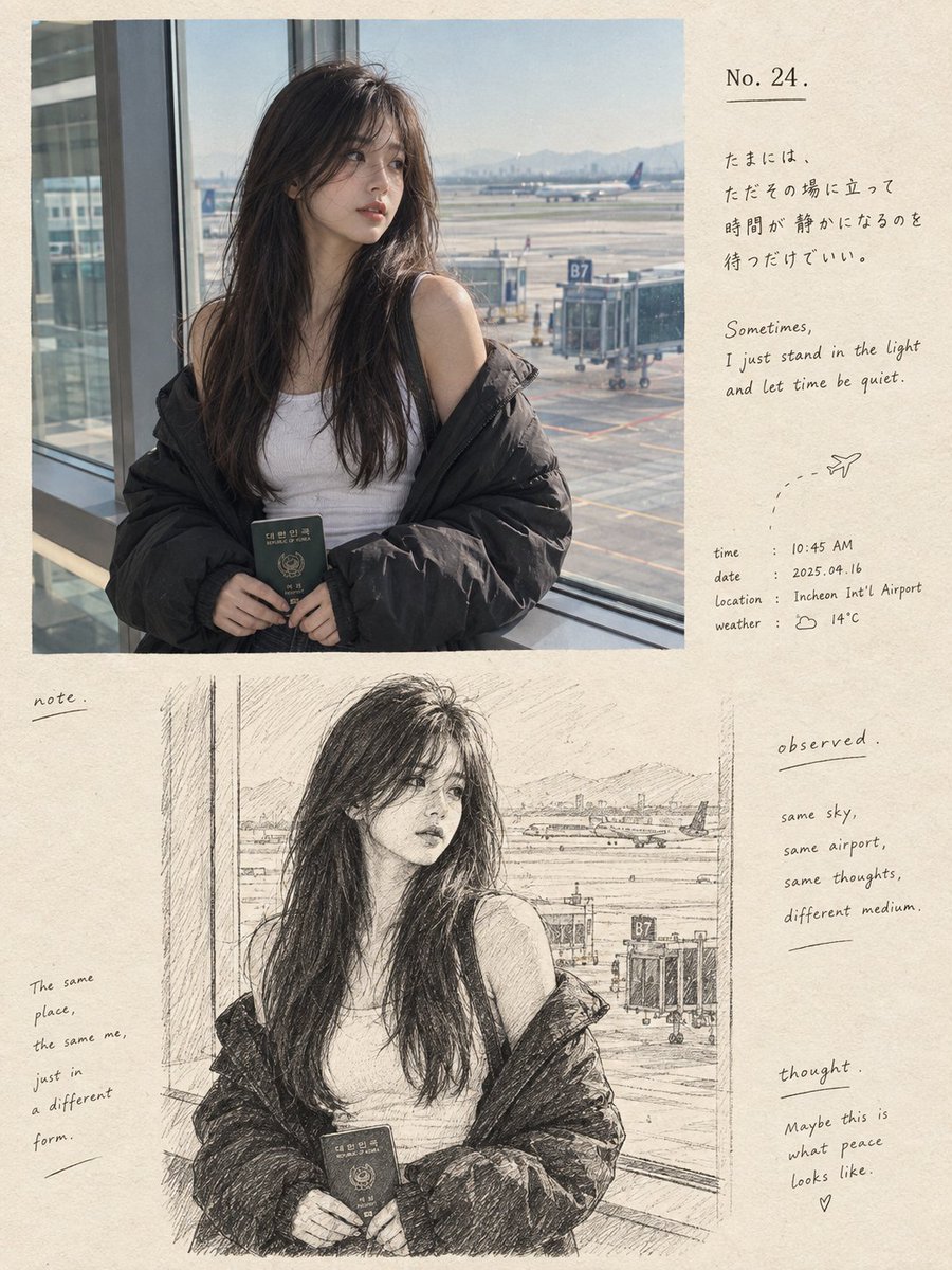 一本怀旧高端的编辑风格摄影与素描艺术书页，画面中有一位年轻的东亚女性置身于机场航站楼，采用干净的竖版 3:4 构图。上半部分是一张超写实的抓拍照...