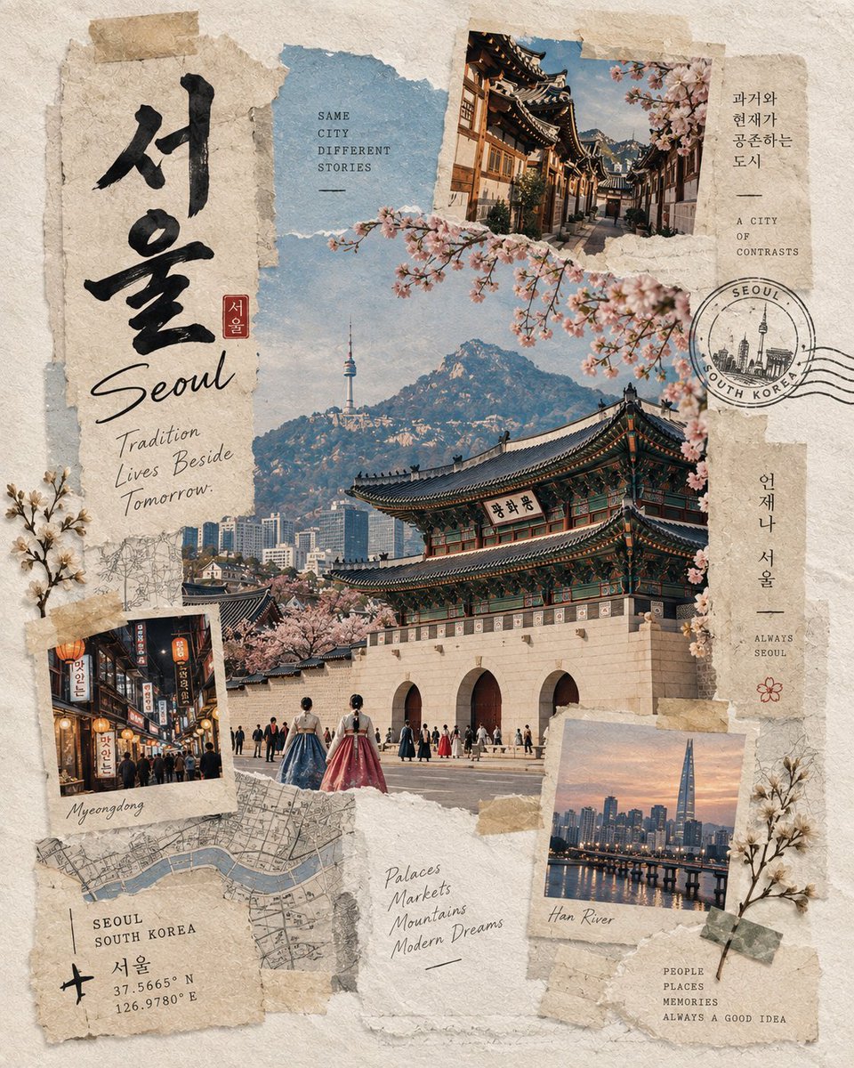 创作一幅高度逼真的日系和纸胶带旅行拼贴画，以[CITY]的地标建筑为主题，设计为高级手工旅行手帐页面。该地标应一眼可辨，并展现出准确的建筑细节、...