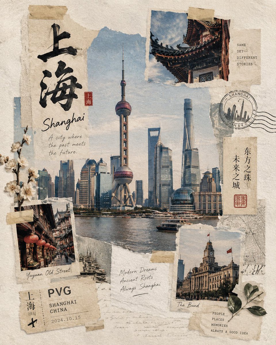 创作一幅高度逼真的日系和纸胶带旅行拼贴画，以[CITY]的地标建筑为主题，设计为高级手工旅行手帐页面。该地标应一眼可辨，并展现出准确的建筑细节、真实的比例、自然的材质，以及细腻的写实感，同时仍...