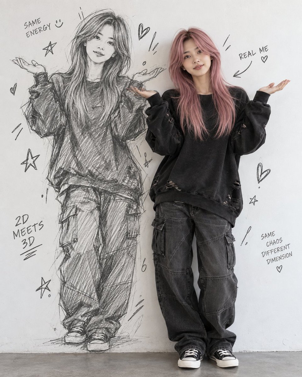 GPT Image 2.5 on ChatGPT Prompt 创作一幅超现实的创意人像：一位年轻女性站在室内一面洁净的白墙前，与一幅紧挨着她的...