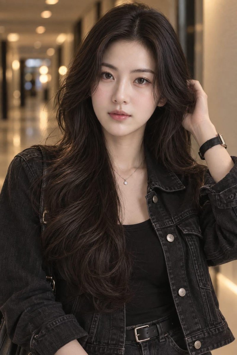 创建一张超写实的电影感人像摄影照片，画面中是一位美丽的年轻女性，留着浓密的自然深棕色长卷发，中分并带有柔和的修饰脸型的发丝。她拥有精致柔美的面部...