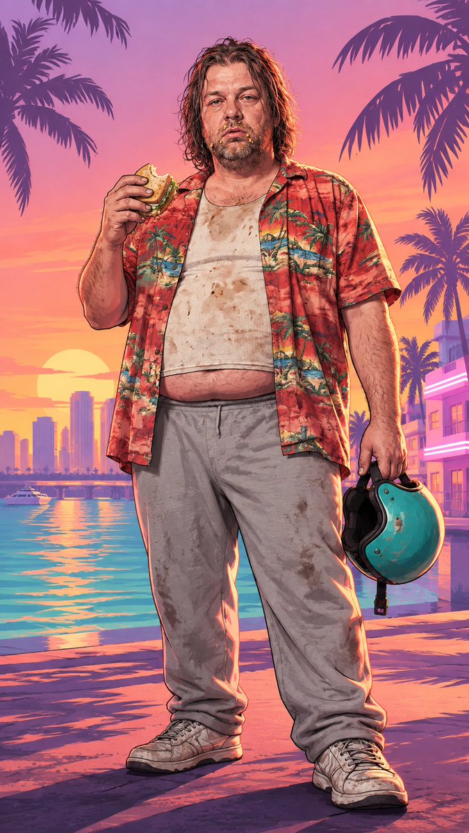 把这个男人变成 GTA 6 风格的开放世界犯罪电子游戏中的插画角色。保留他的脸、身体、脏衣服和疲惫的表情。 说实话效果太炸了 xD https://t.co/6au7BL6wjp