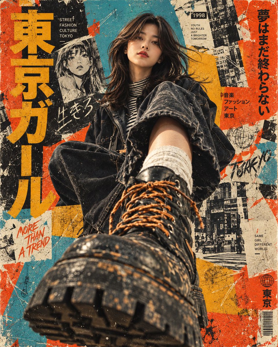 创作一张超写实电影感街头时尚编辑海报，带有强烈的复古日本朋克 / 地下杂志美学。 一位年轻的东亚女性坐在地面上，从戏剧化的极低角度直视镜头。她的...