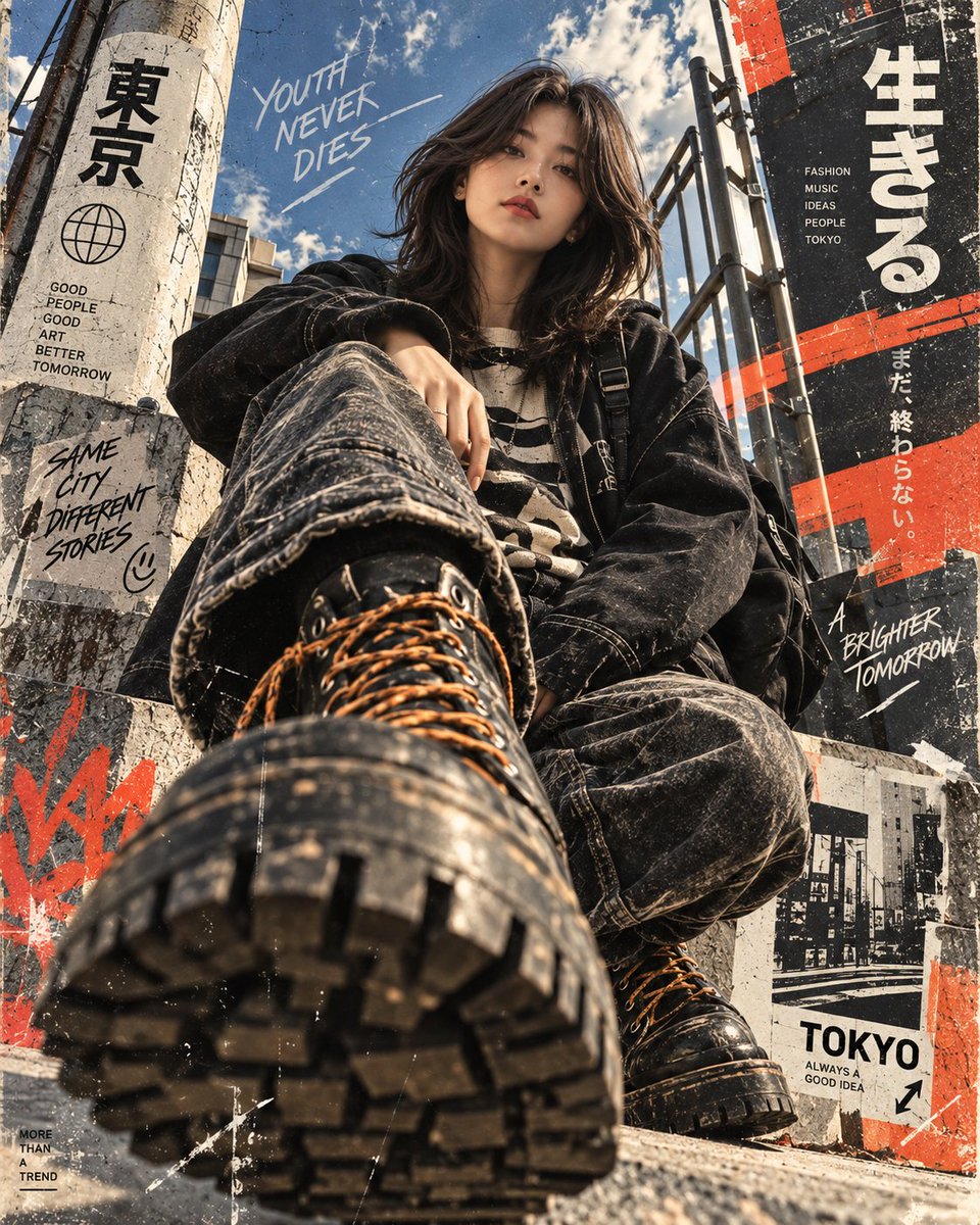 创作一张超写实电影感街头时尚编辑海报，带有强烈的复古日本朋克 / 地下杂志美学。 一位年轻的东亚女性坐在地面上，从戏剧化的极低角度直视镜头。她的上半身位于构图的中心偏上方，一条腿大胆地向镜头方...