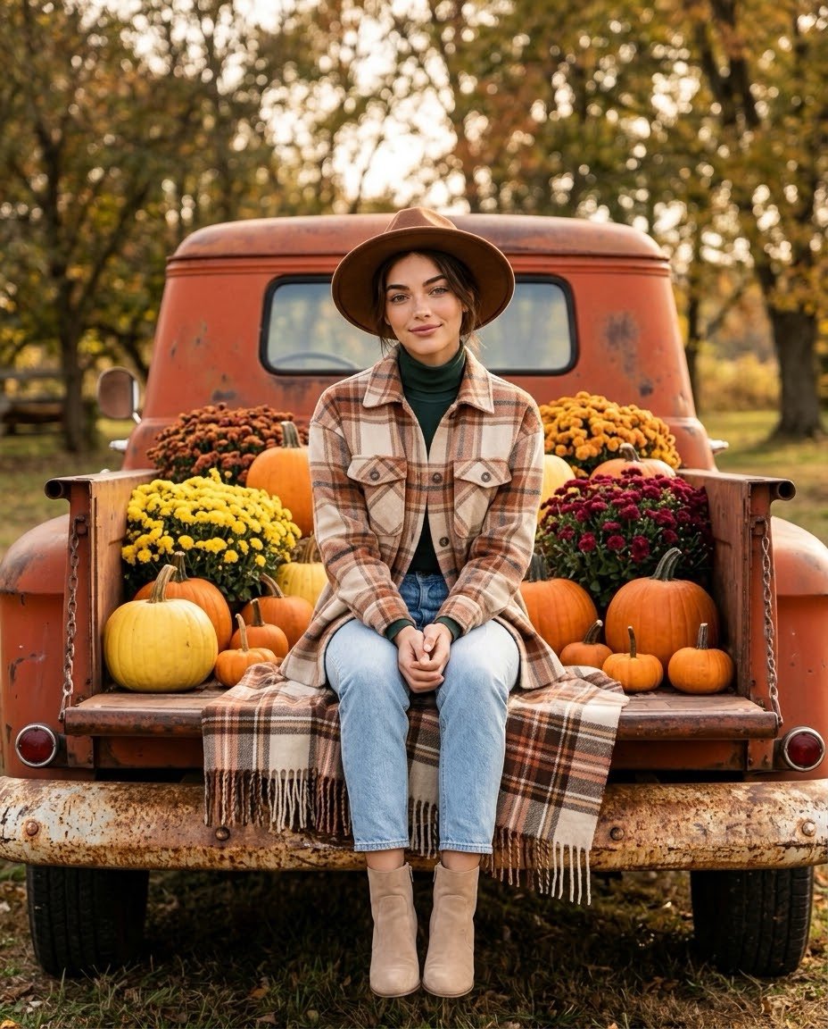 摄影级写实秋季人像写真：一位年轻女性坐在一辆复古红橙色皮卡的敞开式后车板上。她戴着一顶宽檐棕色毛毡帽，穿着一件暖米色、奶油色和陶土色调的格纹衬衫...
