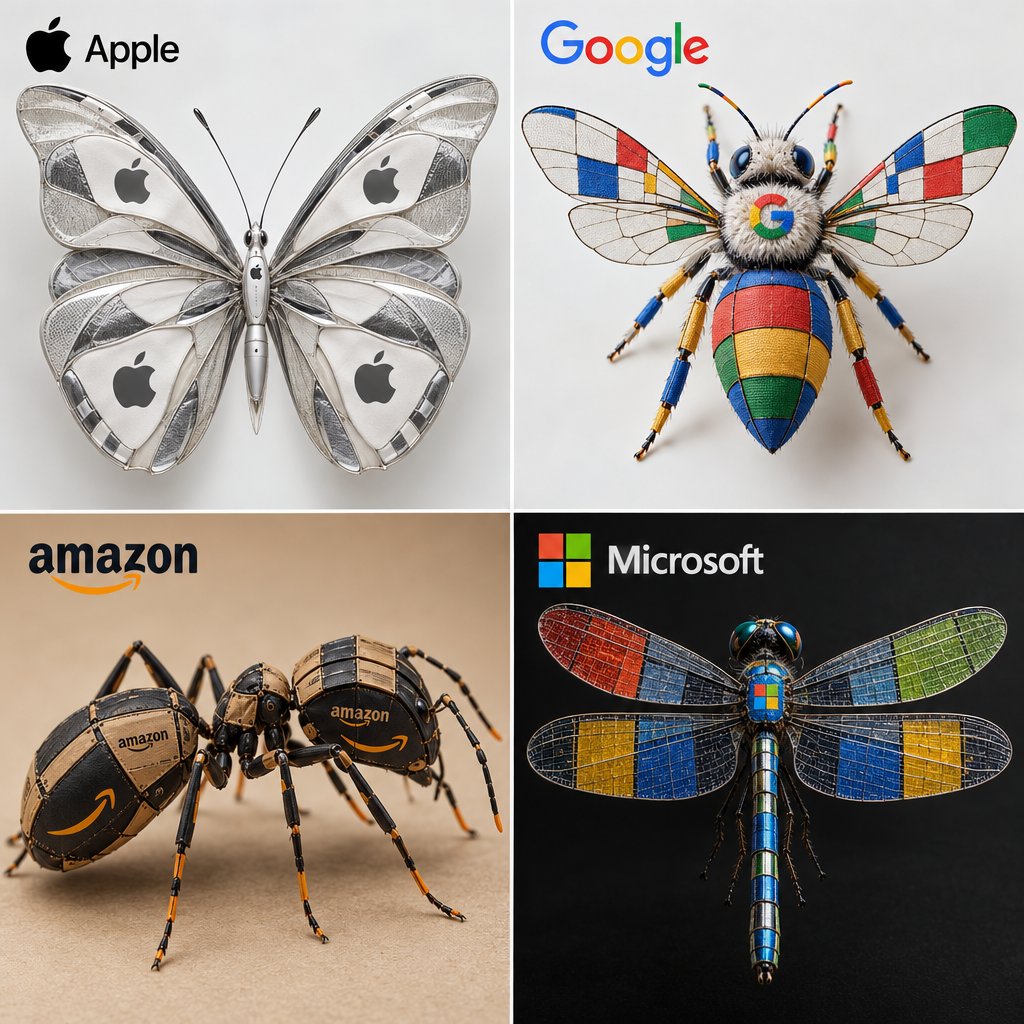 2x2 网格，1080x1080： 输入 = 科技公司 识别 4 个标志性的科技品牌及其标志性元素/图案。函数 Draw ($ Tech_Bra...