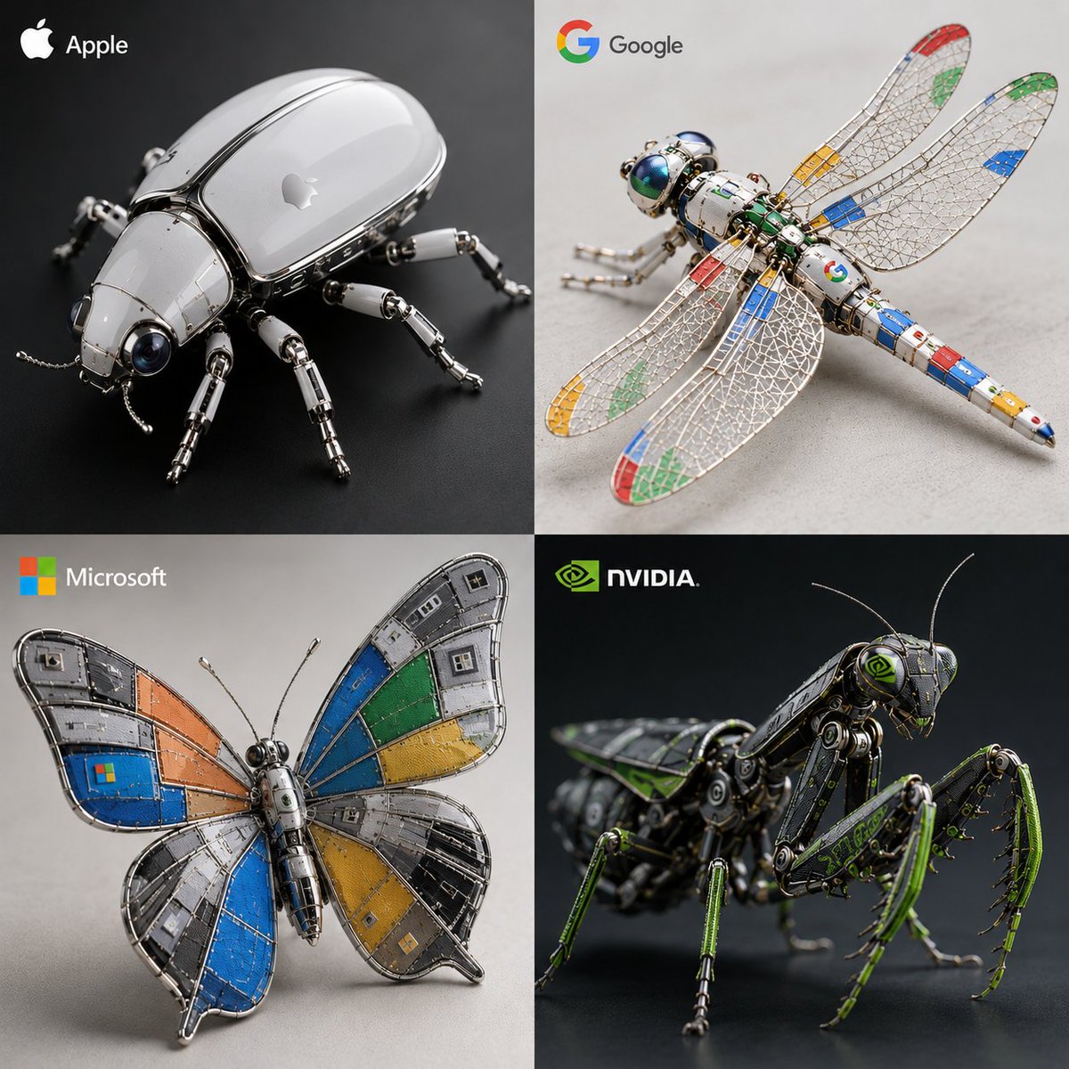 2x2 网格，1080x1080： 输入 = 科技公司 识别 4 个标志性的科技品牌及其标志性元素/图案。函数 Draw ($ Tech_Brand, $ Insect_Species) .....