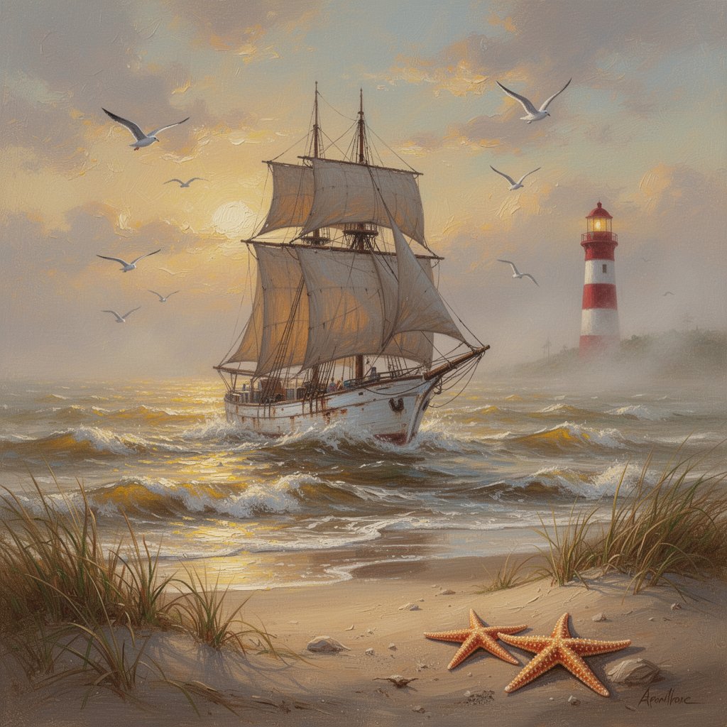 绘画风格的油画海岸海景：一艘船体斑驳泛白的纵帆船张满风帆，在金光照耀的波涛汹涌中驶近沙滩海岸，雾霭朦胧的背景中隐约可见一座红白条纹的灯塔，海鸥在...