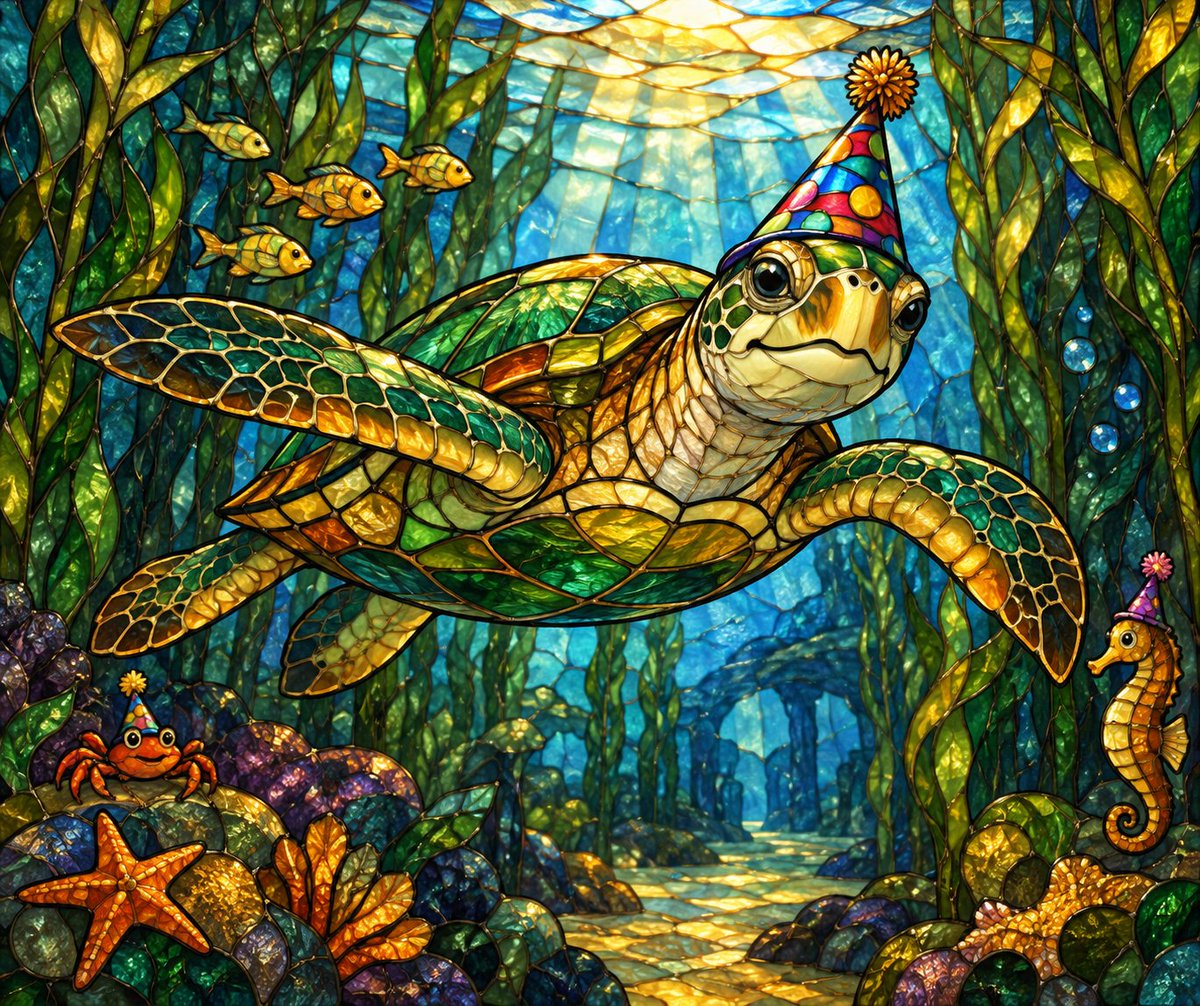 一只海龟在海底森林中悠然滑行，画面采用手工彩色玻璃风格，以粗厚的铅条勾勒轮廓，并以宝石般色调的珐琅填充。浓郁的蓝宝石蓝、琥珀金与闪耀的翠绿交织，...