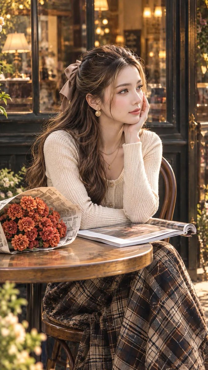 一位美丽的东亚年轻女性，坐在户外一家温馨质朴的巴黎咖啡馆桌旁。她有一头长而波浪状的棕色头发，梳成半扎发样式，用一个米色缎带大蝴蝶结系住。她单手托...