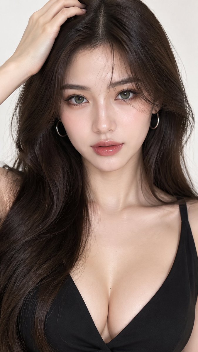 一张近距离特写肖像：一位令人惊艳、美丽且优雅的年轻女性，正面直视镜头，表情平静、温柔，并略带一丝神秘。她的面部完美对称、自然，拥有明亮、光滑、无...