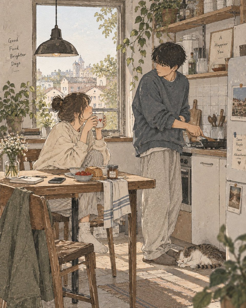 Create a delicate contemporary Japanese slice-of-life illustration showing a quiet, cozy everyda...