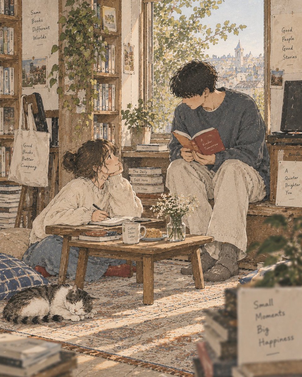Create a delicate contemporary Japanese slice-of-life illustration showing a quiet, cozy everyda...