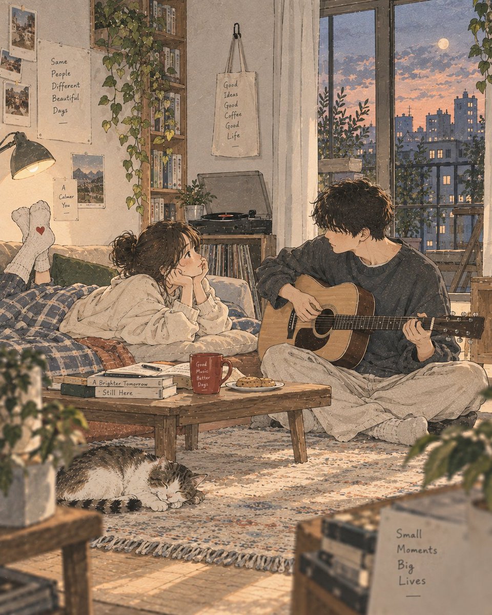 Create a delicate contemporary Japanese slice-of-life illustration showing a quiet, cozy everyda...