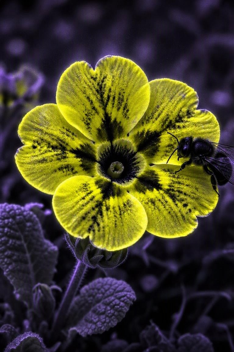 超写实科学风格的报春花图像，仿佛在紫外线下所见：花瓣边缘呈现电光黄，花喉处呈现靶心般的黑色，花蜜导引如跑道灯般排列，一只蜜蜂以深色剪影停在边缘，不可爱。配色：紫外黄、导引黑、一圈淡紫色光环。光...