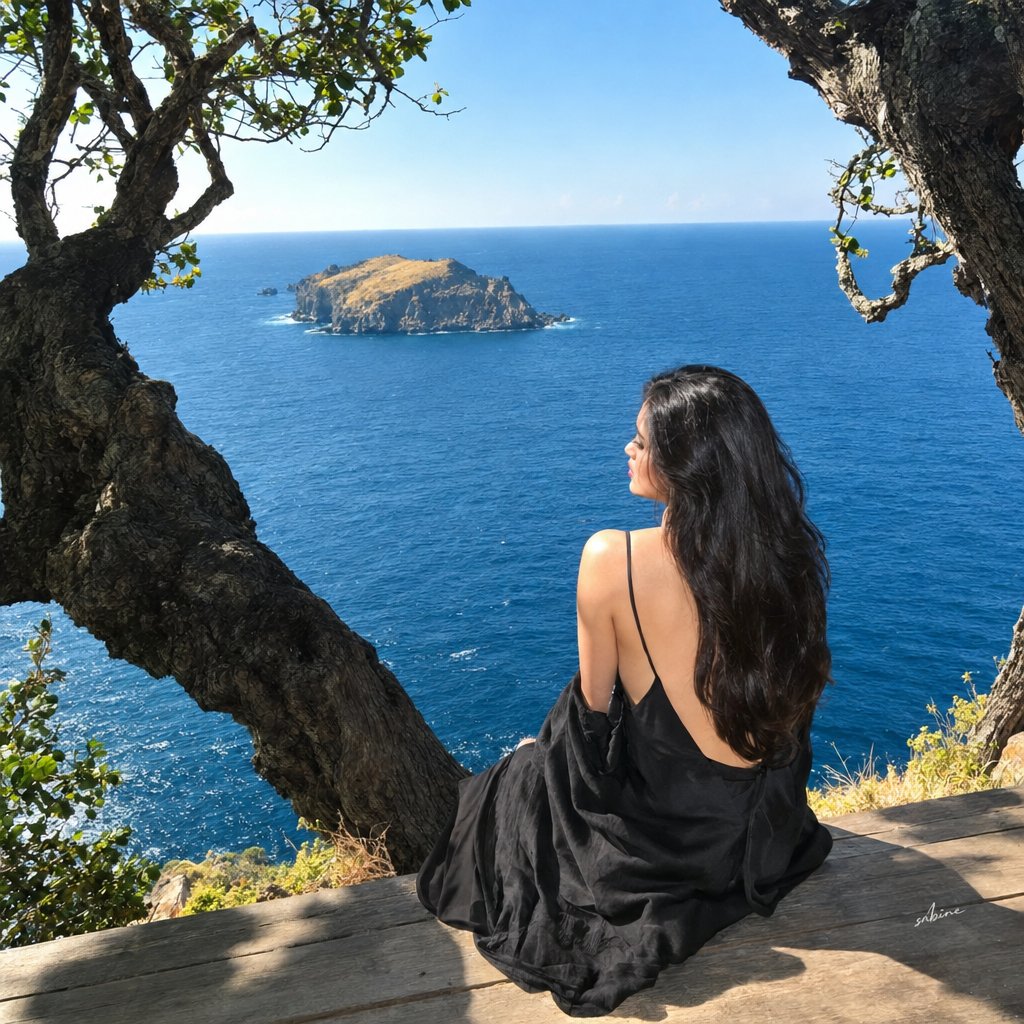 创作一张超写实、电影感的智能手机旅行摄影照片。一位美丽的女子独自坐在海岸悬崖边缘的质朴木平台上，面向广阔深蓝的大海。远处可见一座长满干枯金色草丛的小型岩石岛。粗黑树干、枝条扭曲的高大古树自然地...