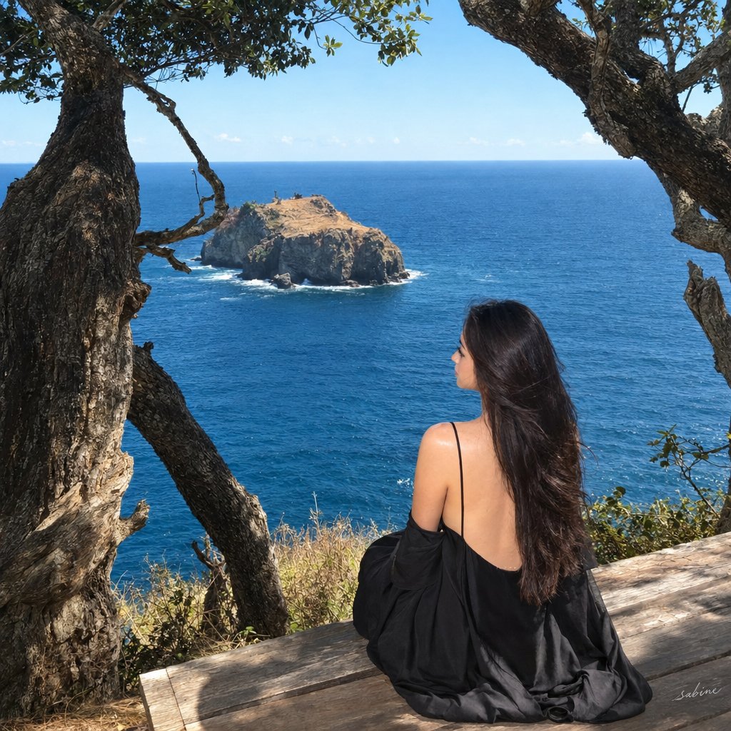 创作一张超写实、电影感的智能手机旅行摄影照片。一位美丽的女子独自坐在海岸悬崖边缘的质朴木平台上，面向广阔深蓝的大海。远处可见一座长满干枯金色草丛的小型岩石岛。粗黑树干、枝条扭曲的高大古树自然地...