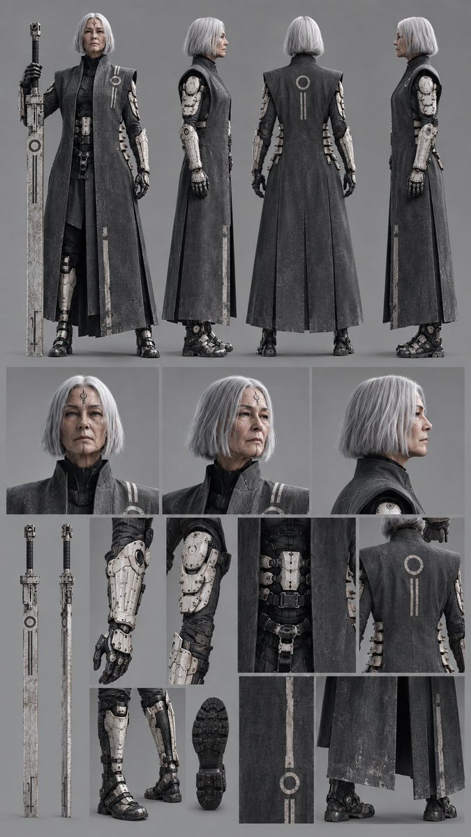 使用以下三张参考统一视觉设定： 参考1：主角角色设定。📷Cybernetic Elder Warrior Character Sheet.png...