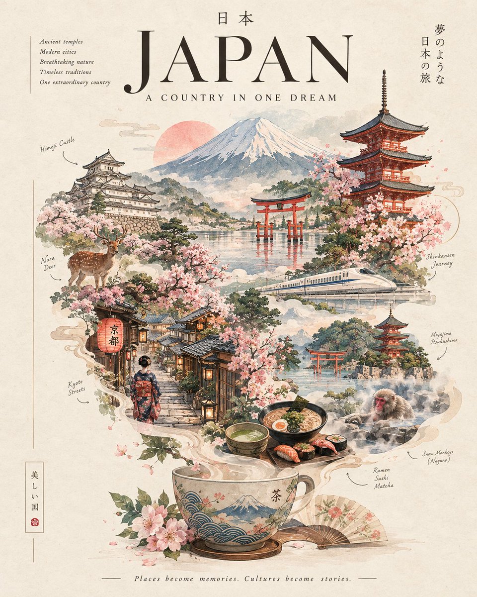 创作一张精致梦幻的编辑杂志封面，标题为“[COUNTRY NAME] — A COUNTRY IN ONE DREAM”。 整体构图应像一段诗意的视觉旅程，而非传统的旅游海报。使用温暖的象牙白...