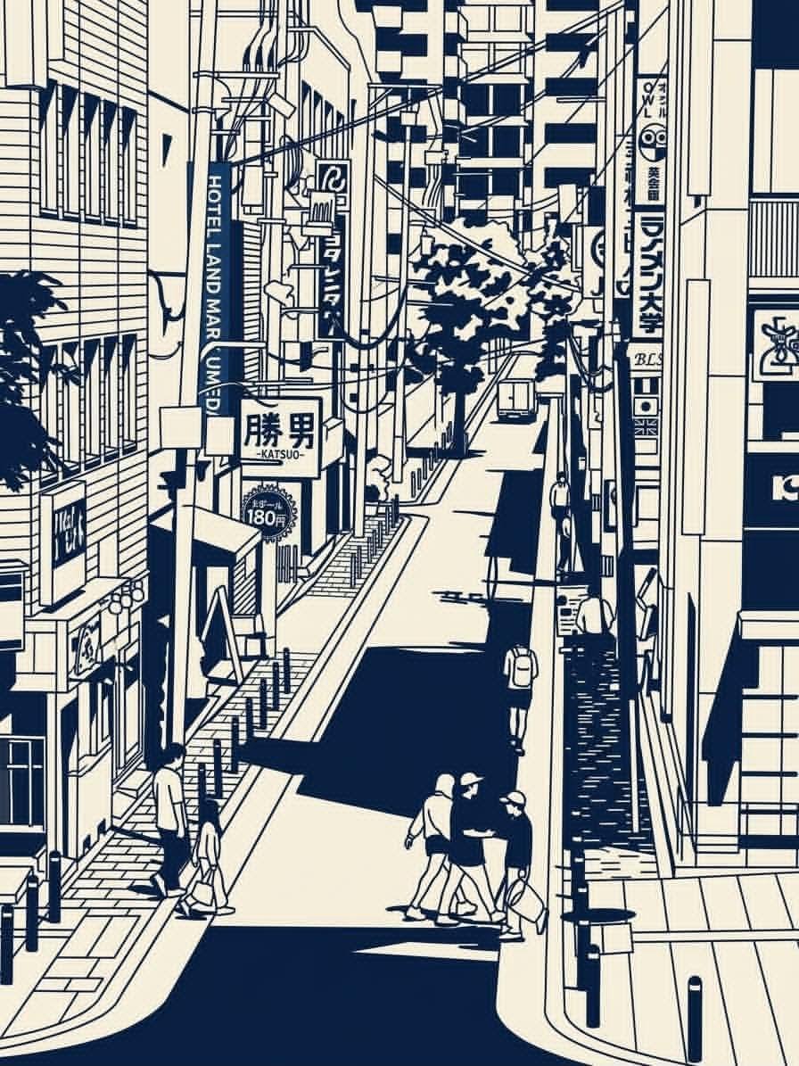 创作一幅垂直版式的编辑插画，灵感来源于参考图片，描绘一幅密集的日本城市街景，采用高度风格化的深藏青与暖象牙色单色线条艺术美学。 从俯视视角展现一...