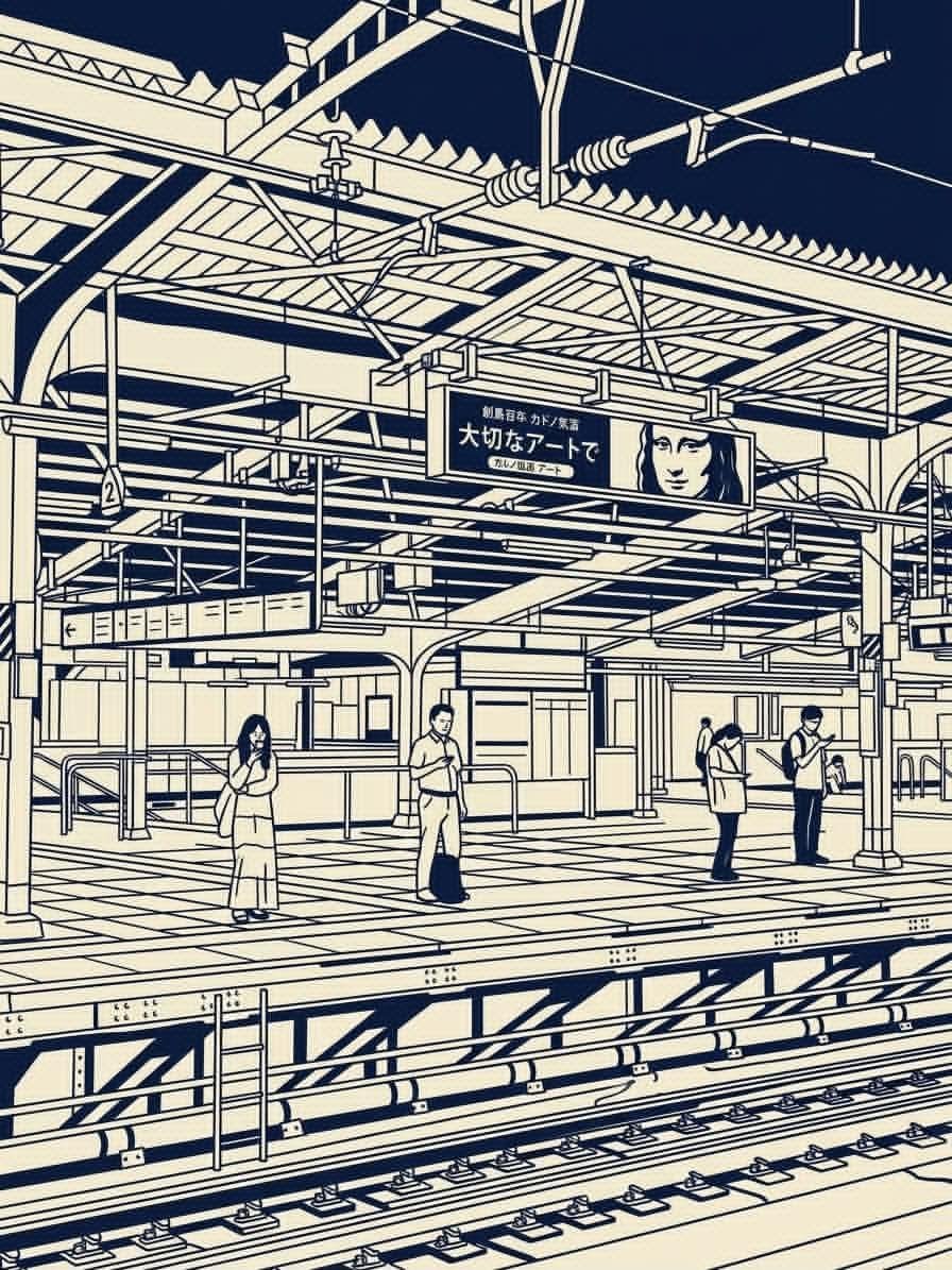 创作一幅垂直版式的编辑插画，灵感来源于参考图片，描绘一幅密集的日本城市街景，采用高度风格化的深藏青与暖象牙色单色线条艺术美学。 从俯视视角展现一条狭窄的日本城市街道，两侧是高耸且紧密排列的建筑...