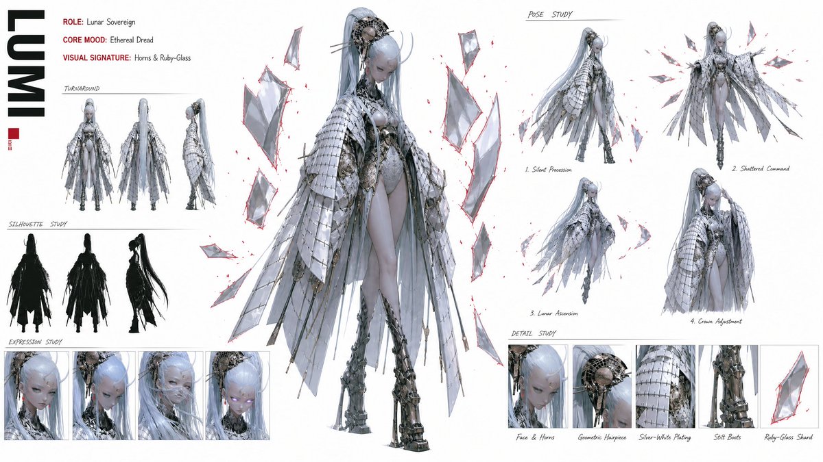 在纯白背景上以 16:9 宽屏布局创建一份高级、现代高定时装 CHARACTER CONCEPT ART SHEET（角色概念设定图）。所附参考...