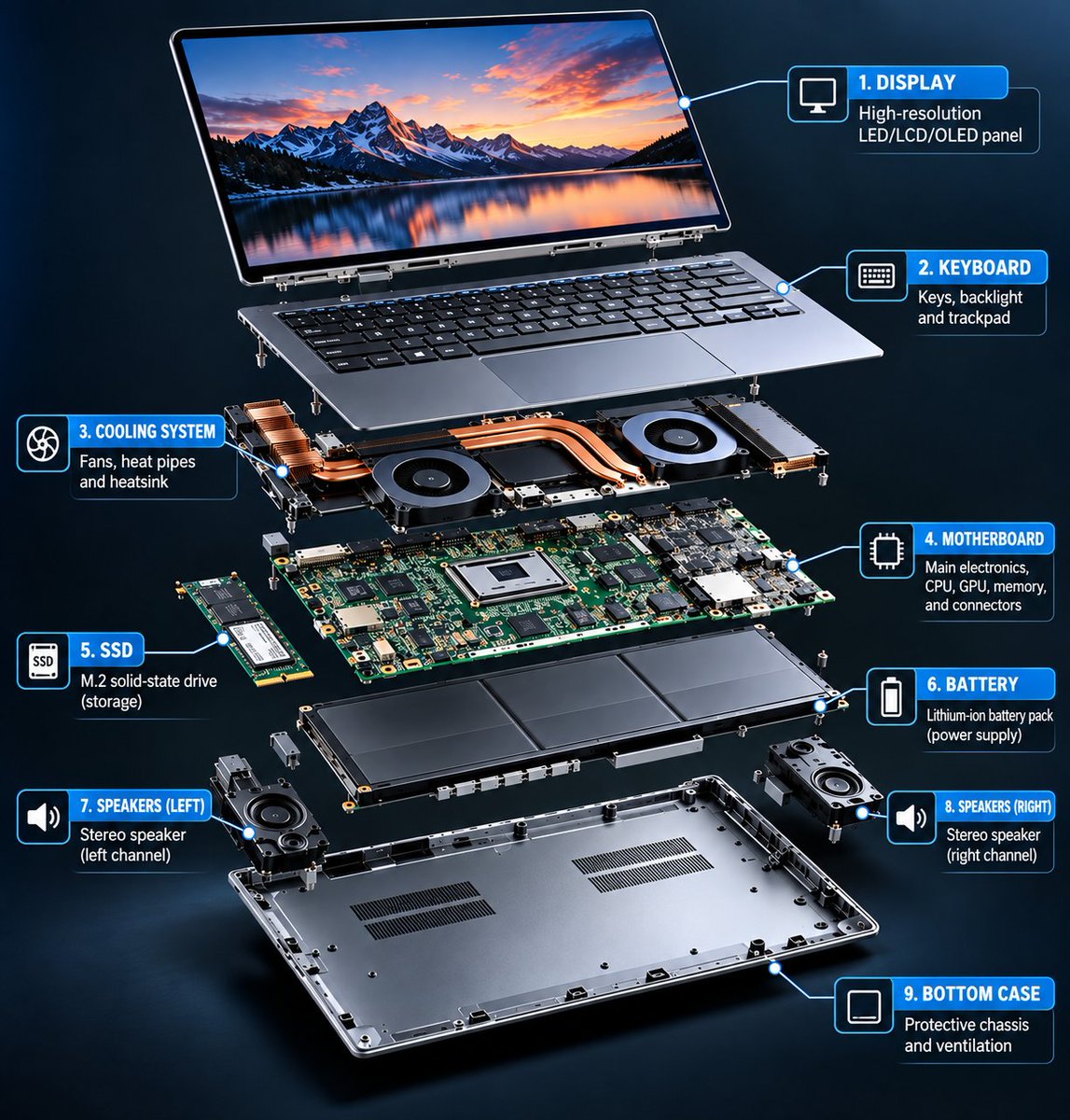 /exploded view of a modern laptop showing the display, keyboard, battery...