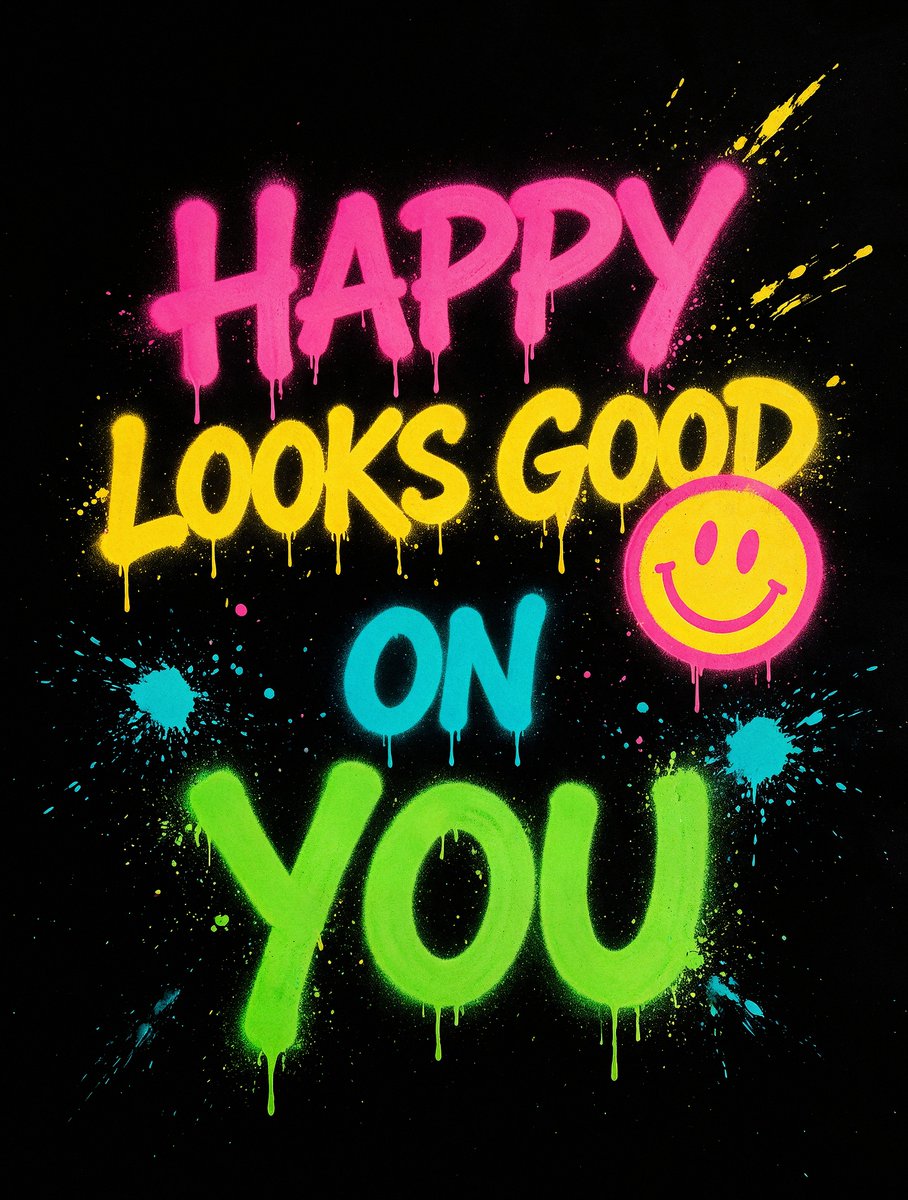 黑色背景配以粗体清晰、喷漆涂鸦风格的文字，内容为 'HAPPY LOOKS GOOD ON YOU'，高对比度图形海报风格，动感的不对称布局，鲜...