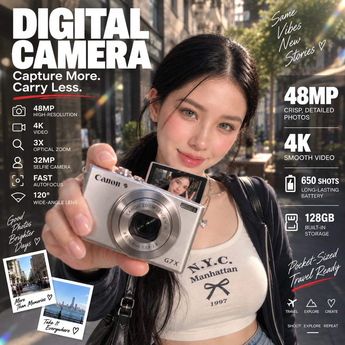 创作一张高端、照片写实风格的数码相机广告海报，采用大胆现代的编辑设计风格。 一位年轻东亚女性，长直黑发，站在一条美丽的阳光明媚的城市街道上。她拥...