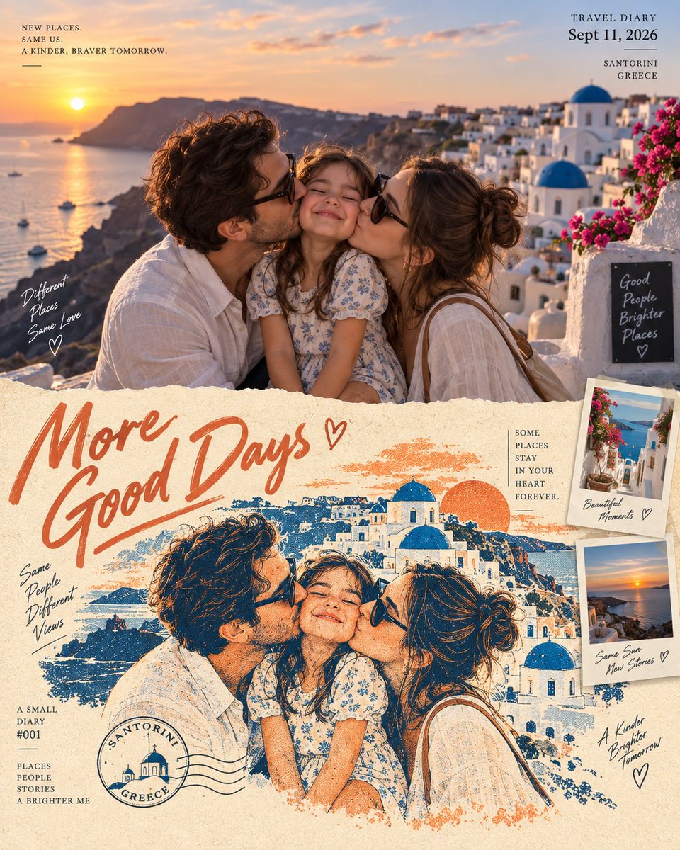 Create a vertical 4:5 cinematic travel-diary poster built around one beautiful family moment in...