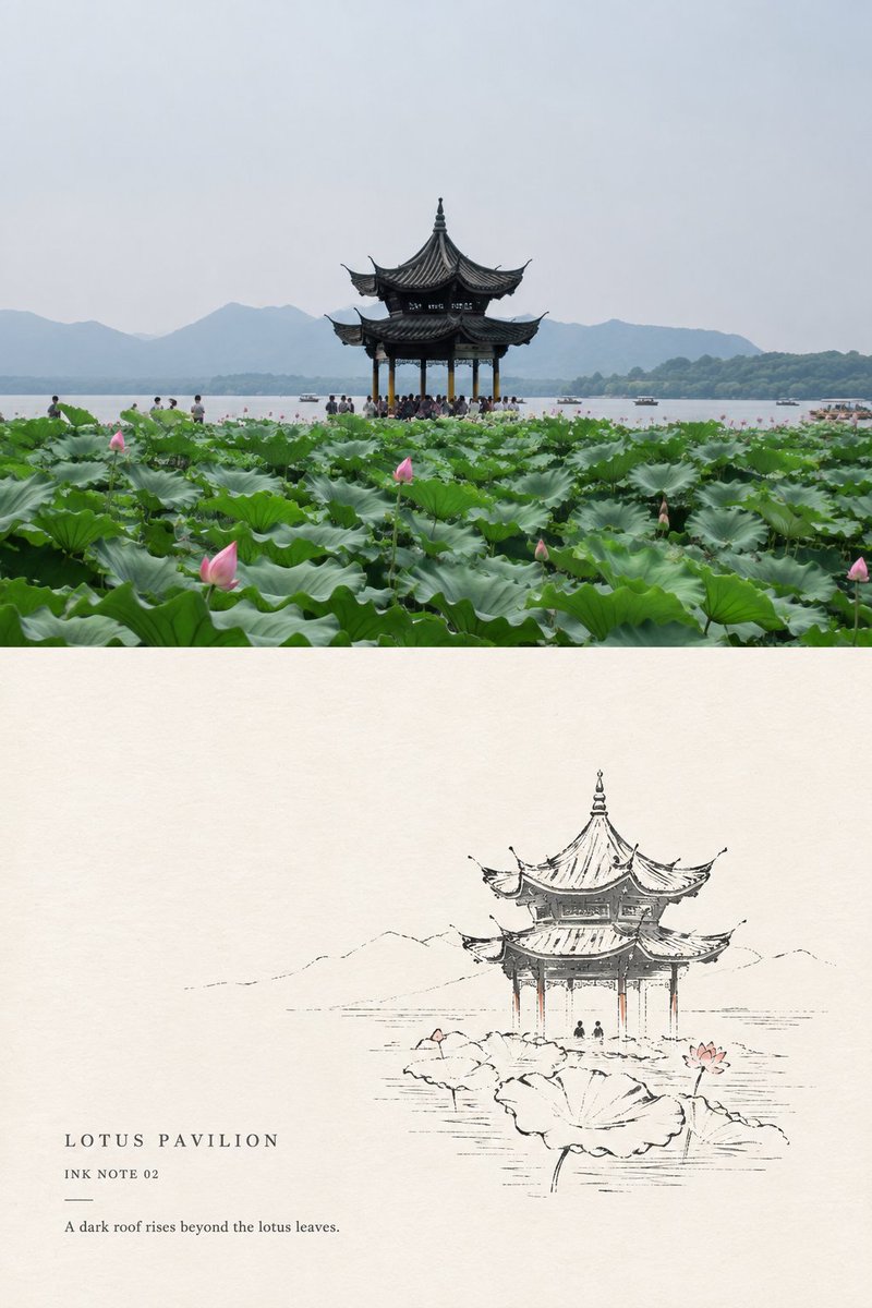 请将我上传的每一张旅行照片分别制作成一张独立的「极简墨线风景小笺」对比海报，不多图拼接，每张照片单独输出。 整体采用3:4竖版构图，明确保留“上方原始照片、下方风格转绘”的视觉对照。上下区域可...
