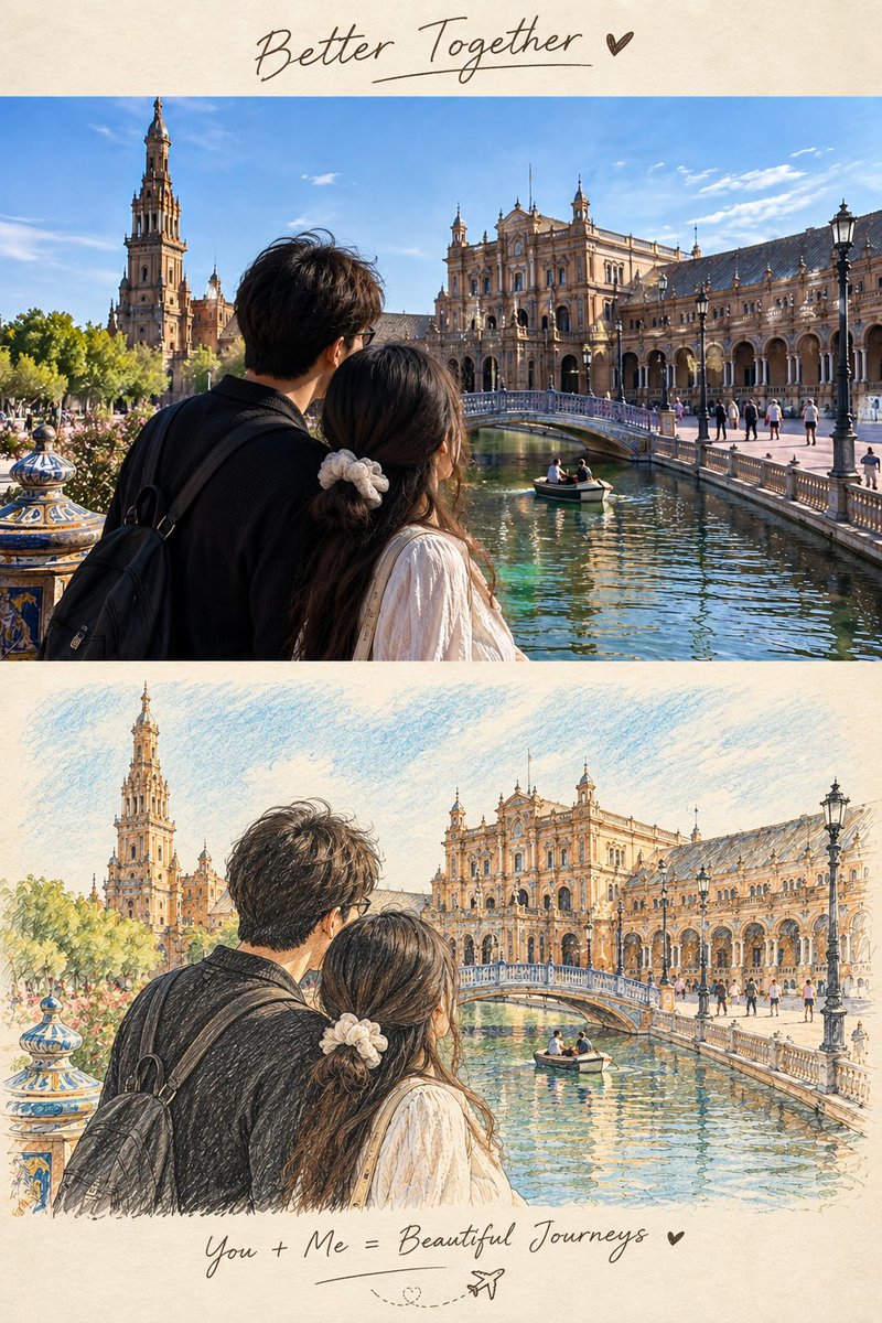 创建一个高级的竖版旅行日记海报，采用精确的 50/50 对半分割布局。 上半部分（50%）：完全保留原始参考照片的真实感与原样 —— 保持相同的...