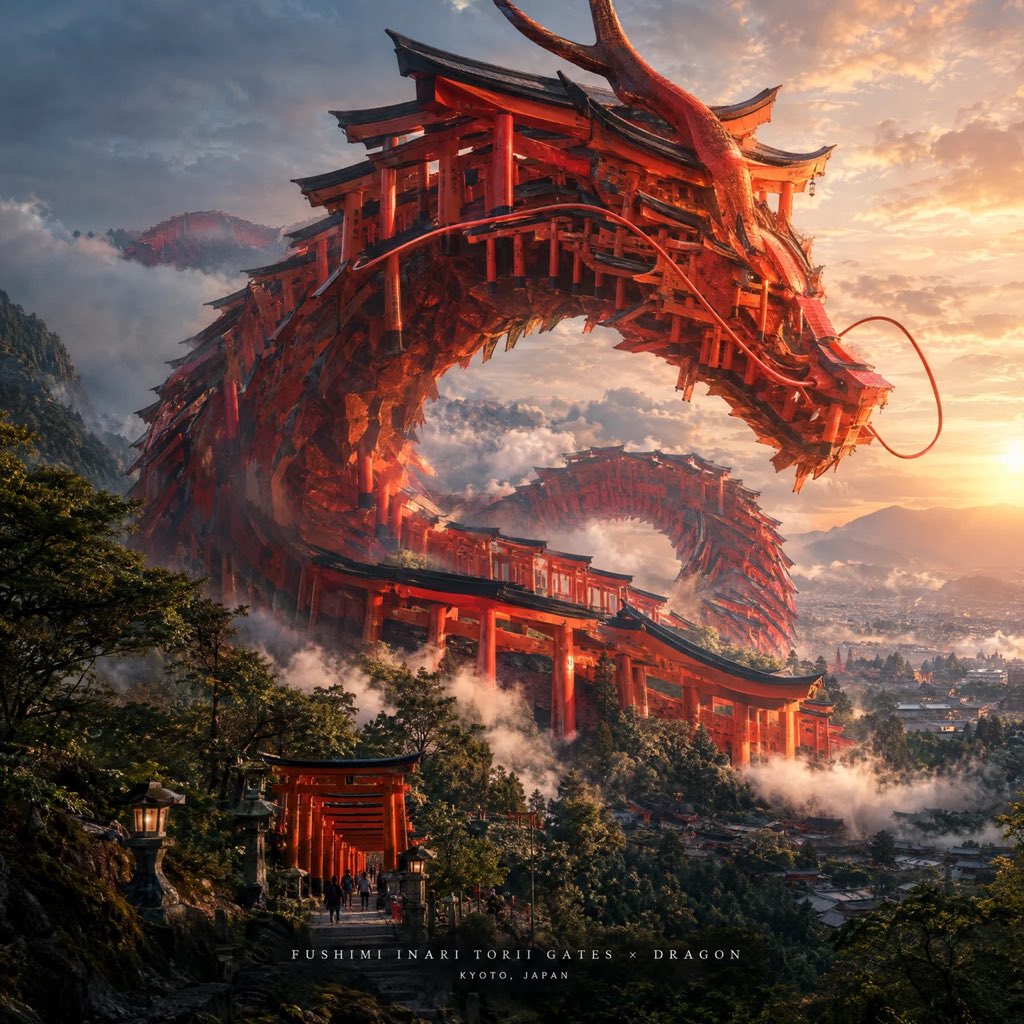 创建一幅壮观的 4:5 竖版电影感艺术作品，将 [FAMOUS STRUCTURE]（著名建筑）变形成一个 [OBJECT]（物体）的巨型版本，同时使其原本的建筑身份仍然一眼可辨。 地标与物体...