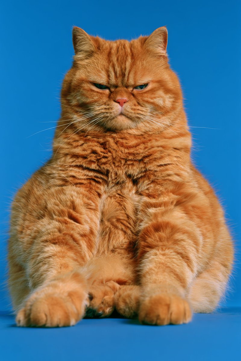 一场前卫高端时尚摄影，拍摄一只肥胖、体格壮实的橙色虎斑猫，让人联想到加菲猫，以全身姿态呈现。采用严苛的地面高度虫眼视角拍摄，巨大、蓬松的爪子向外...