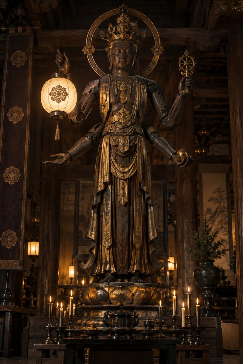 逼真的神社内部。一座站立的自动机械，由深色桧木与金箔制成，四臂，手持一盏真正的纸灯笼，关节为烧黑的铁。无人。其脚边有一簇蜡烛，金光闪烁。配色：桧...
