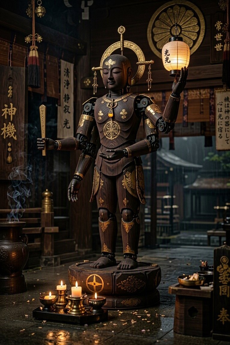 逼真的神社内部。一座站立的自动机械，由深色桧木与金箔制成，四臂，手持一盏真正的纸灯笼，关节为烧黑的铁。无人。其脚边有一簇蜡烛，金光闪烁。配色：桧木、金箔、铁、灯笼暖光、雪松阴影。神圣的机械，静...