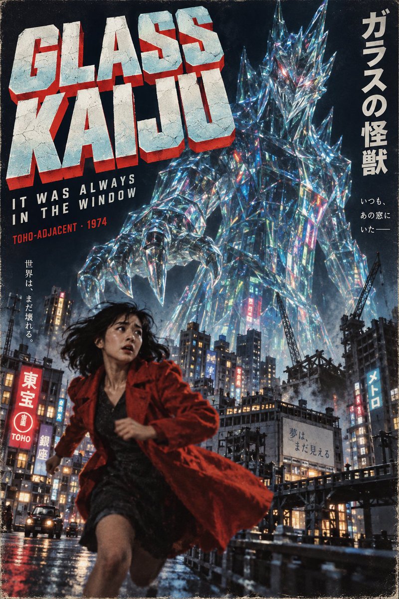 一幅日本怪兽电影海报，插画风格，微缩夜景城市。画面前景中一位身穿红色大衣的女子正在奔跑；她身后是一只透明玻璃怪兽，高耸如教堂，正折射着霓虹灯光。...
