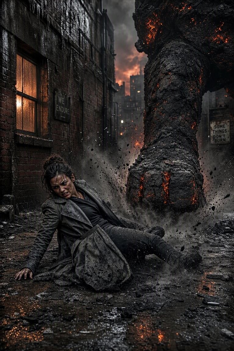 写实的巷战动作场景。一个身穿灰色外套的女人侧身滑地，从一个由压实的木灰与煤渣构成的巨像（歌利亚）踏下的脚下穿过；那只脚有一米宽，灰烬呈环形爆开。砖墙，一面亮着灯的窗户。配色：灰烬、砖红、窗户的...