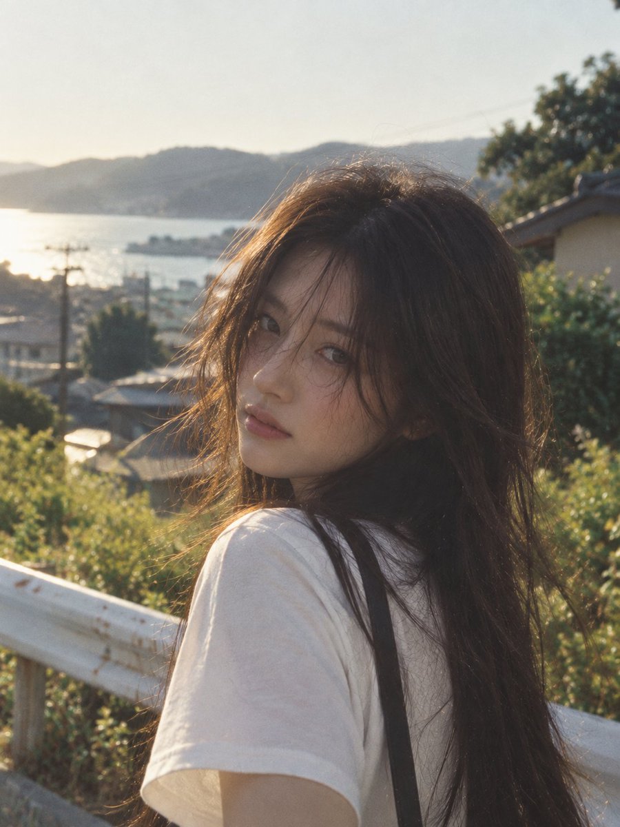 一张高度照片级写实的抓拍户外人像肖像：一位全新的年轻成年亚洲女性，在黄金时段伫立在一处宁静的海岸山坡上。她拥有长而自然蓬松的深棕色头发，被海风微...