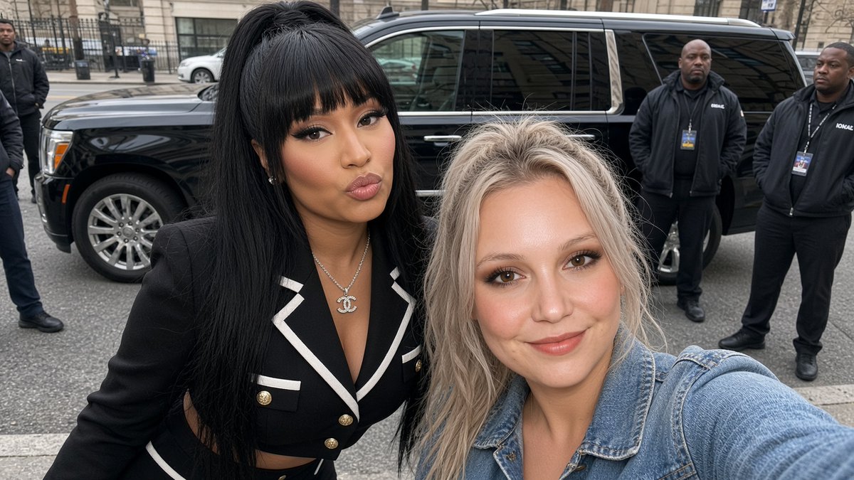 提示词分享 真希望我也在现场！太有趣啦！ 与 @NICKIMINAJ 的自拍 🩷♥️ 仅将上传的照片作为自拍者的精确角色参考。完美保留该主体的面...