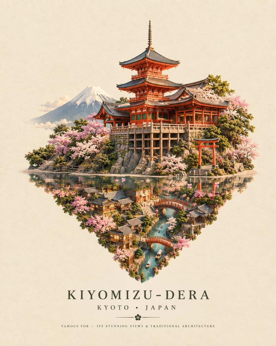 创作一幅精致的超现实旅行艺术作品，以 [ICONIC STRUCTURE]（标志性建筑）、[CITY, COUNTRY]（城市，国家）作为主体。展现该建筑矗立在一面完美反射的表面之上，但反射并...