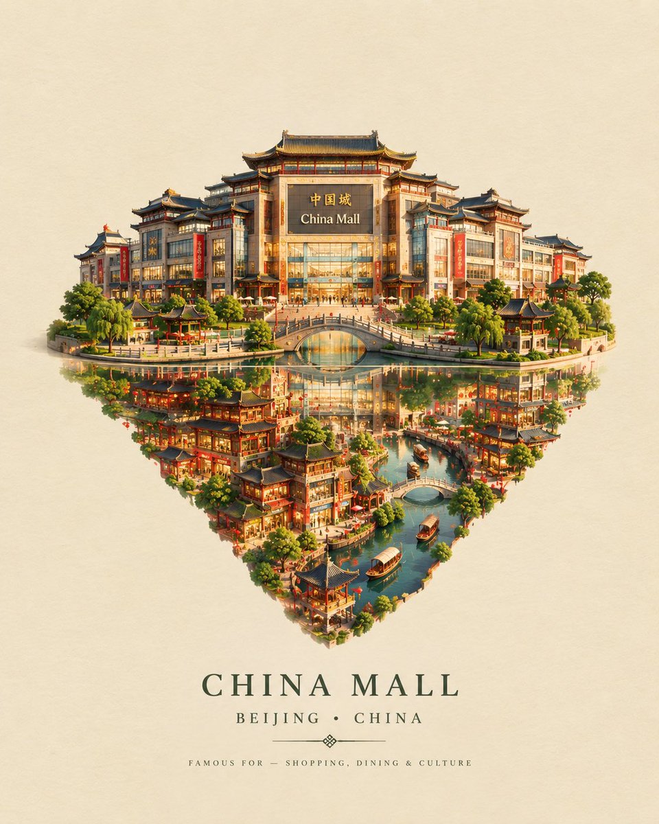 创作一幅精致的超现实旅行艺术作品，以 [ICONIC STRUCTURE]（标志性建筑）、[CITY, COUNTRY]（城市，国家）作为主体。展现该建筑矗立在一面完美反射的表面之上，但反射并...