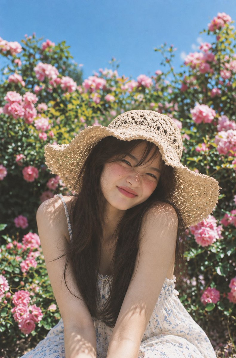 一张高度逼真的抓拍户外人像照，拍摄于一个明亮的夏日午后，一位年轻成年亚洲女性坐在一片郁郁葱葱的玫瑰花园中。她有着长长的、自然松散的深棕色头发，柔...