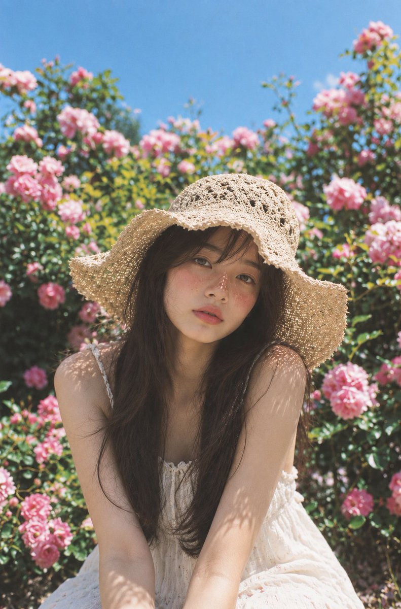 一张高度逼真的抓拍户外人像照，拍摄于一个明亮的夏日午后，一位年轻成年亚洲女性坐在一片郁郁葱葱的玫瑰花园中。她有着长长的、自然松散的深棕色头发，柔和、略带凌乱的发丝垂落在脸颊两侧。她的外貌完全自...