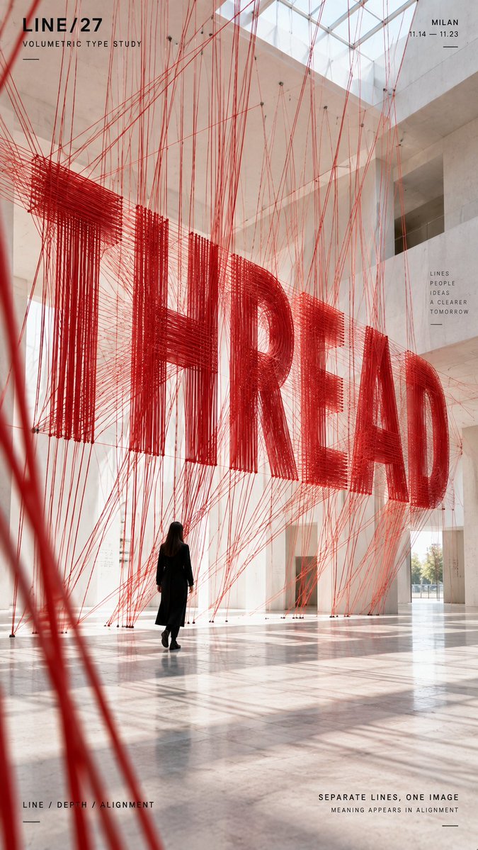 标题：[你的词语] 项目：[品牌 / 展览 / 活动] 媒介：[threads（线）/ points（点）/ volumetric light（体积光）/ moiré layers（莫尔条纹层...