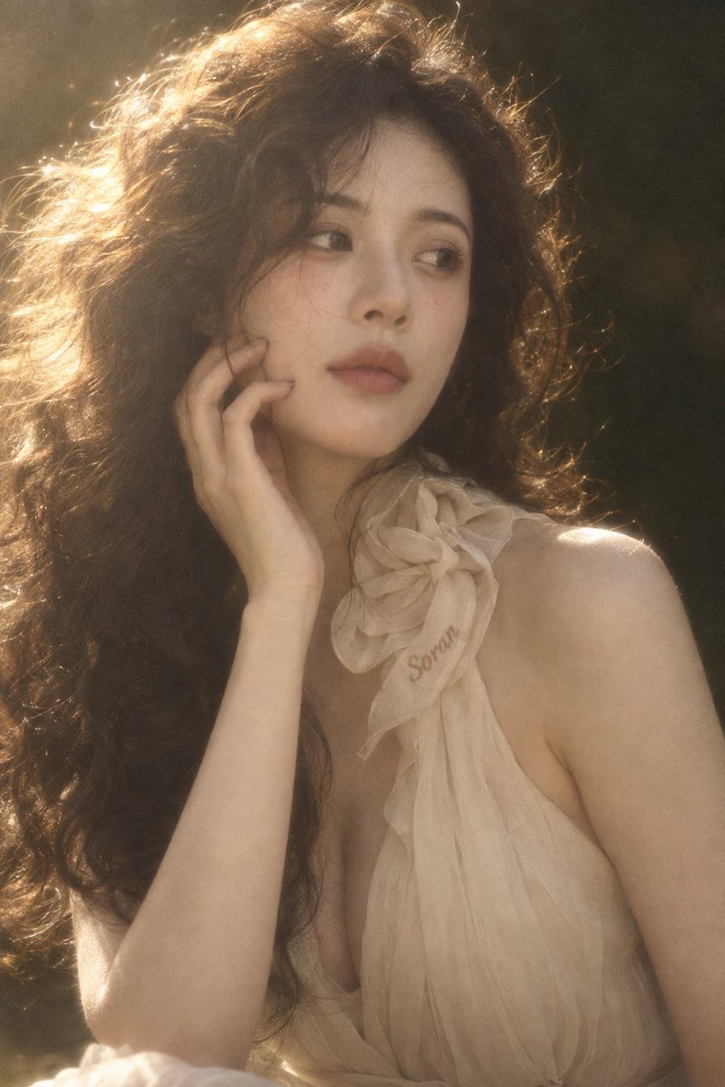 2:3 竖幅，真人写实复古梦幻人像，成年东亚女性近距离胸像，人物身体轻微向右侧转动，头部略微倾斜，脸呈自然三分之二角度。一只手缓慢抬到脸侧，指尖...