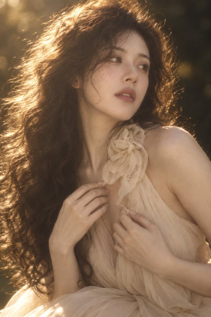 2:3 竖幅，真人写实复古梦幻人像，成年东亚女性近距离胸像，人物身体轻微向右侧转动，头部略微倾斜，脸呈自然三分之二角度。一只手缓慢抬到脸侧，指尖轻触面颊与下颌附近，手掌不承托整个头部，只形成轻...