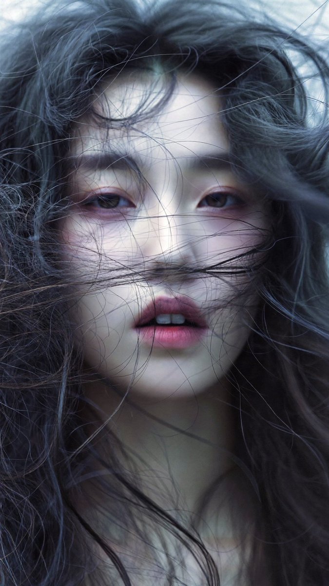 [Higgsfield Soul 2.0 提示词] ar 9:16 2K 电影感的特写肖像：一位年轻的东亚女性，肌肤如瓷般苍白细腻，五官精致典雅。一头浓密蓬松的深烟黑色长发被强风捕捉，向左侧及...