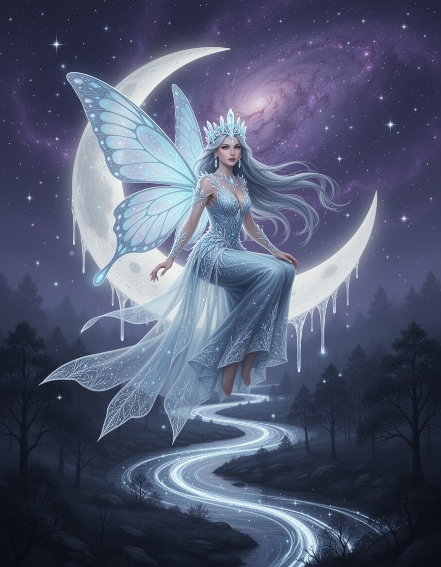 杰作，超精细，8k，数字照片级真实感插画，梦幻的夜晚场景，一位空灵的冰蓝色仙女，拥有半透明发光的蝴蝶翅膀，精致的晶体王冠，飘逸的银蓝色长发随风飘动，身穿闪烁的霜冻长袍，优雅地栖息在一弯滴落着光...